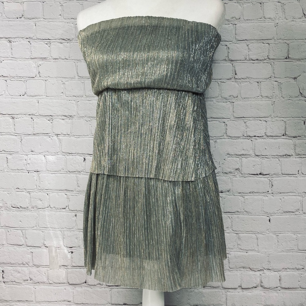 NWT Body Central Strapless Silver Gold Ruffle Holiday Shimmer Sexy Party Dress M